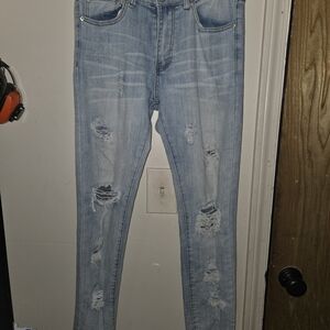 Forever 21 Men's Light Blue Ripped Skinny Jeans